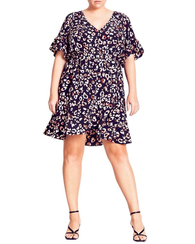 Front of a model wearing a size XS Kaia Safari Swish Dress in Black / Brown by Refinity. | dia_product_style_image_id:234280